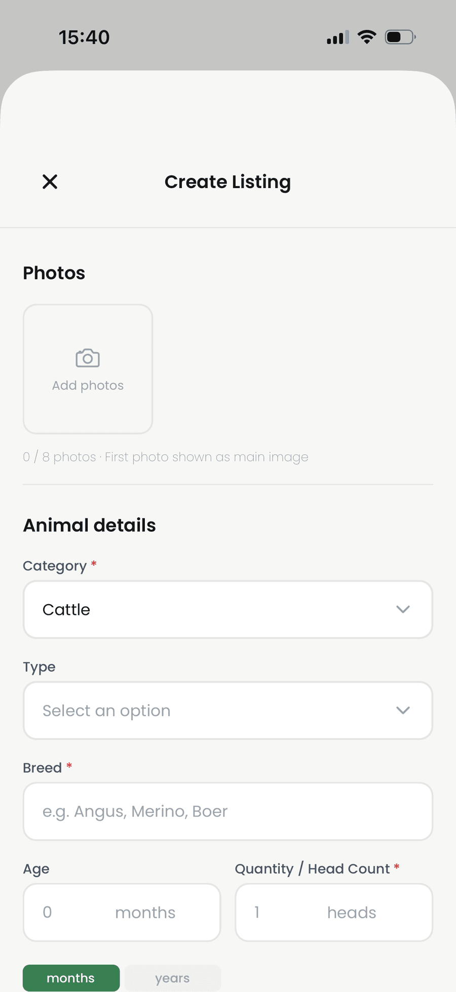 Creating a cattle listing in the Yalla app