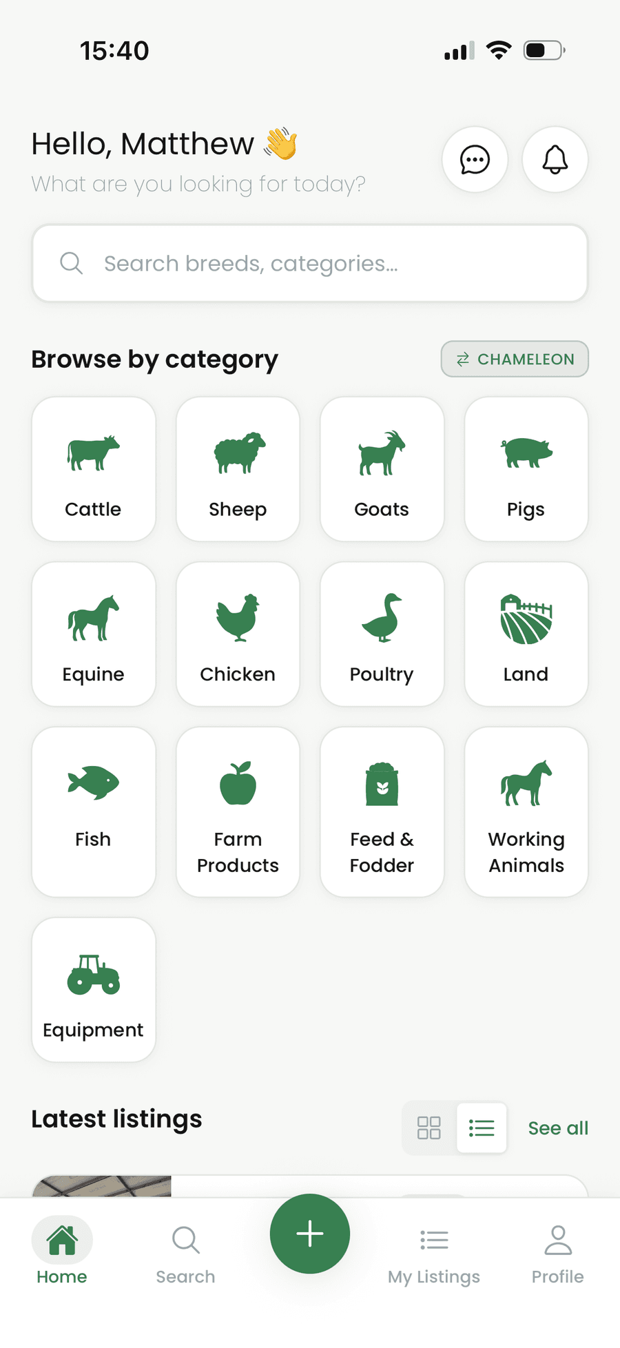 The Yalla app home screen, browsing livestock by category