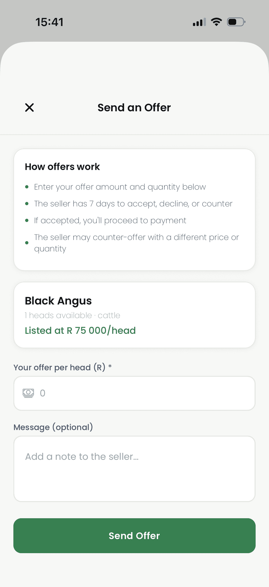 Sending an offer on a Black Angus listing in the Yalla app