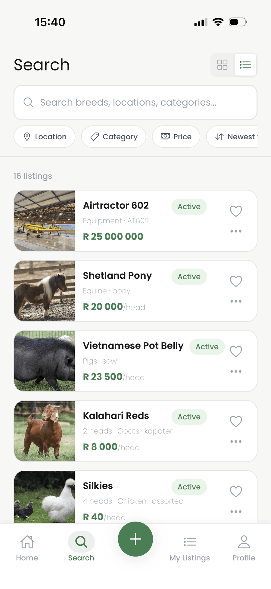 Searching livestock listings in the Yalla app